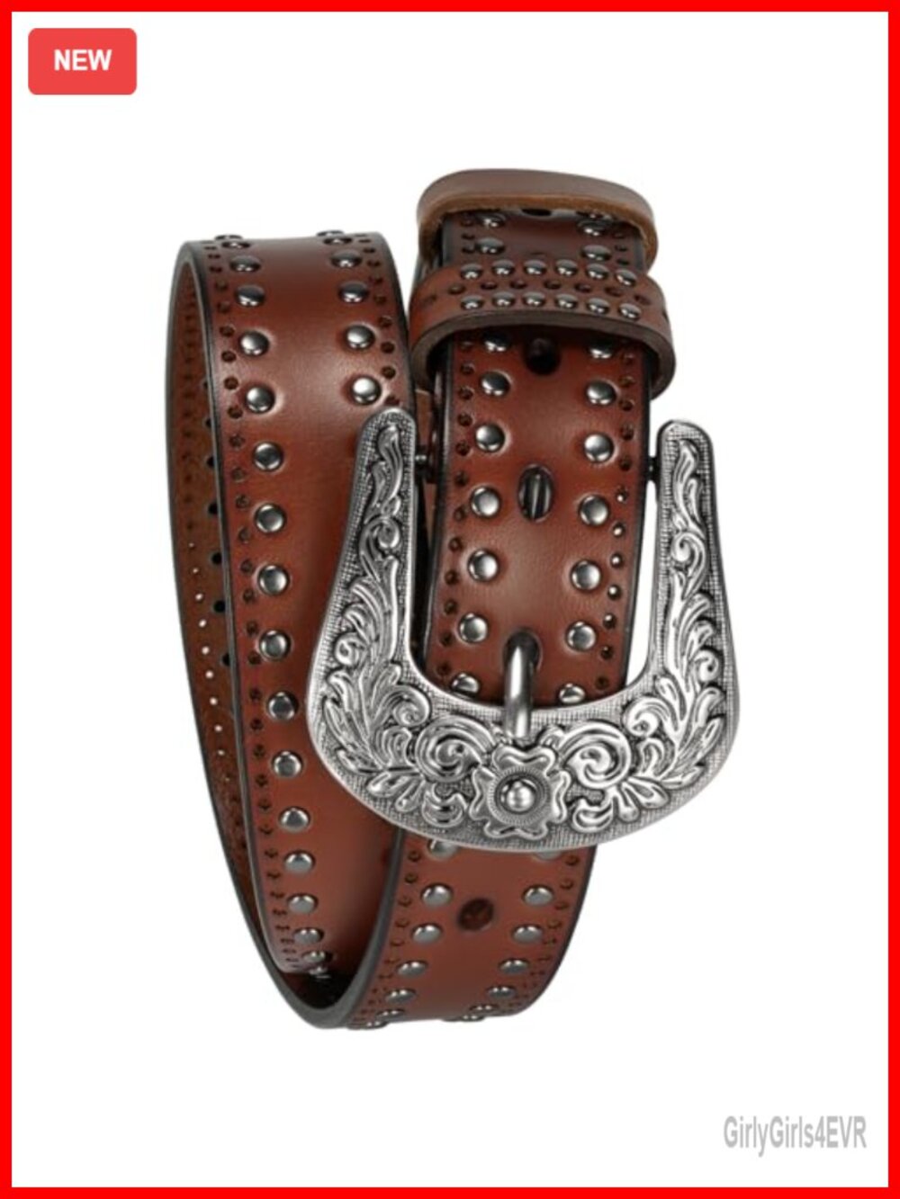 Full-Grain Leather Western Belt Studded Buckle